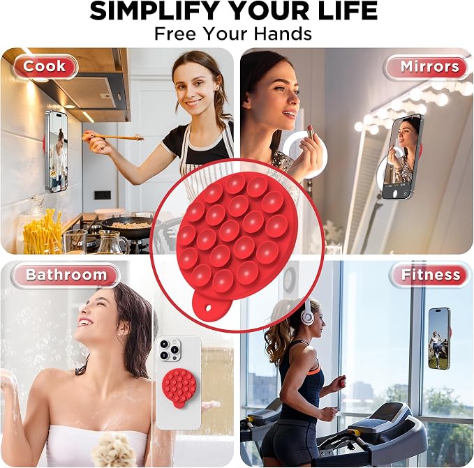 Magnetic Suction Cup Phone Mount, Compatible with MagSafe, Silicone Octo Cup Buddy Sticky Grip Holder for iPhone and Android, Removable Hands-Free Phone Stand Selfie/Video for TikTok, Red