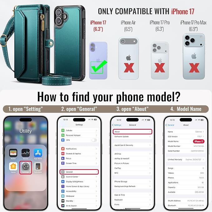 Strapurs for iPhone 17 Detachable Wallet Case Compatible with Magsafe for Women, RFID Blocking 9-Card Holder Zipper Wrist Strap Lanyard PU Leather Magnetic Phone Case for iPhone 17 6.3", Blue Green