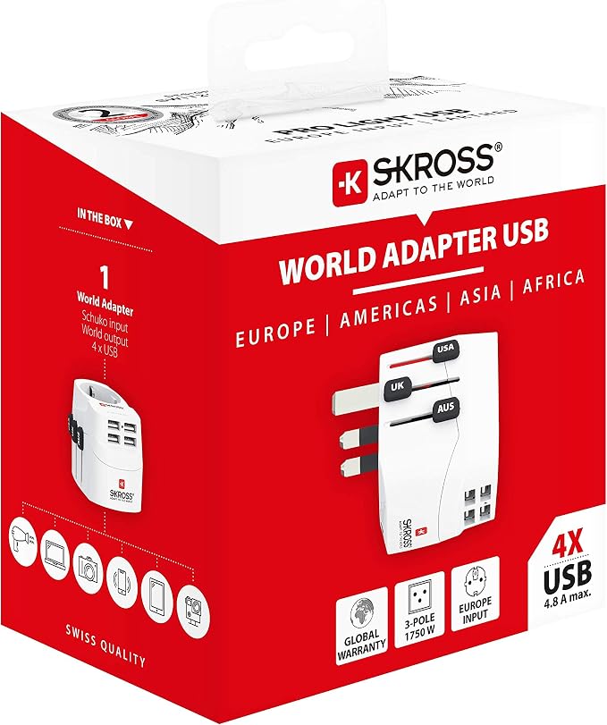 SKROSS | 1.302461 | Pro Light USB (4xA) | Universal Travel Adapter 2 & 3 Pin with 4 USB Ports 4.8A Voltage and Power: 100V-700W/250V-1750W Suitable for PC and Hair Dryer