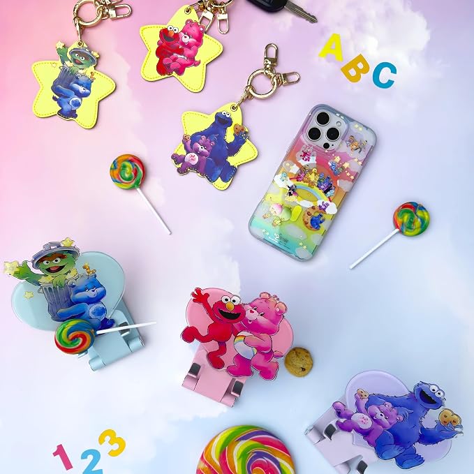 Sonix Character Phone Stand | Adjustable Cell Phone Holder, Desk Stand, Dock | Care Bears x Sesame Street Purple | Share Bear & Cookie Monster