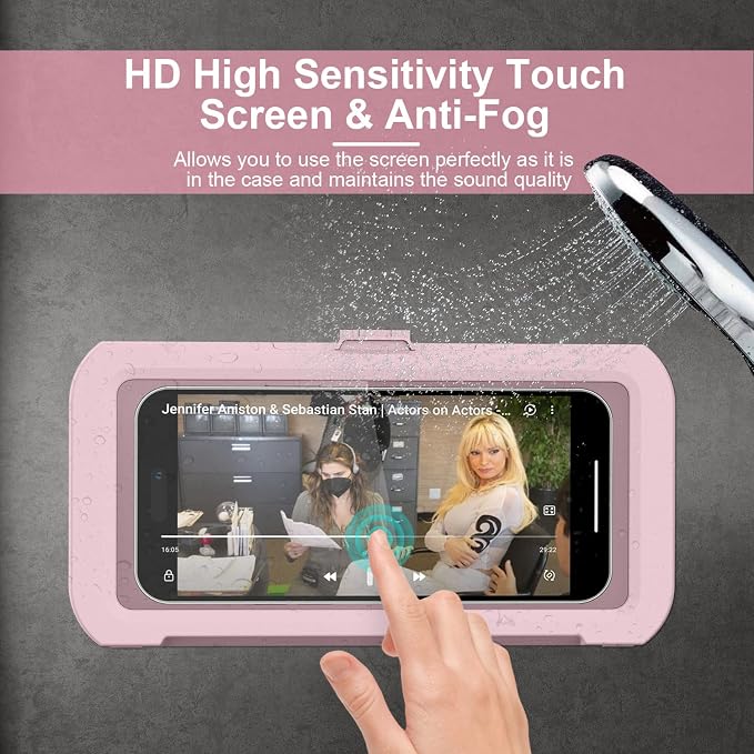 URROY Shower Phone Holder Waterproof, 360° Rotation Shower Phone Case, Anti-Fog High Sensitivity Universal Cover Mount Stand for Bathroom Wall Mirror Bathtub Kitchen,Men Women Pink