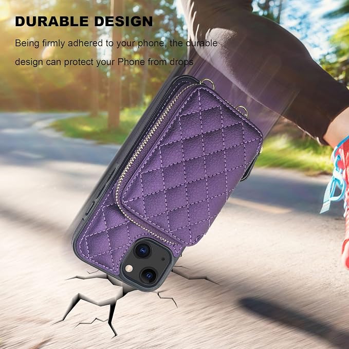Bocasal Crossbody Wallet Case for iPhone 13, RFID Blocking PU Leather Zipper Handbag Purse Flip Cover, Kickstand Folio Case with Card Slots Holder Wrist Strap Lanyard 5G 6.1 Inch (Dark Purple)
