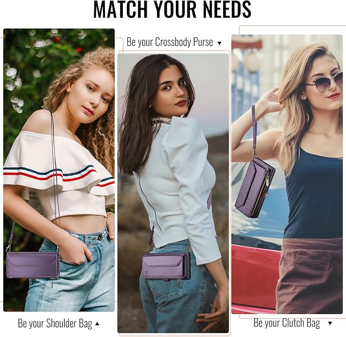 Strapurs Crossbody Wallet Case Compatible with iPhone SE/7/8 RFID Blocking 7-Card Holder Soft PU Leather Magnetic Snap Shoulder Strap Zipper Pocket Phone Cases Fit for iPhone SE 2020 2022 - Purple