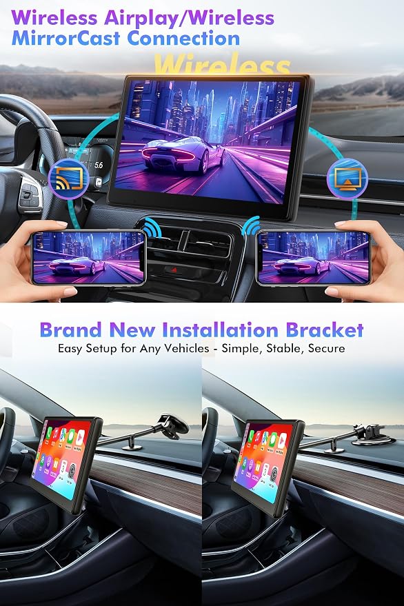 10" Touch Screen for Car, Used for Wireless Apple Carplay Android Auto MirrorLink, Portable Car Stereo with Bluetooth 2K Front Dashcam, 1080P Rear Dashcam Backup Camera