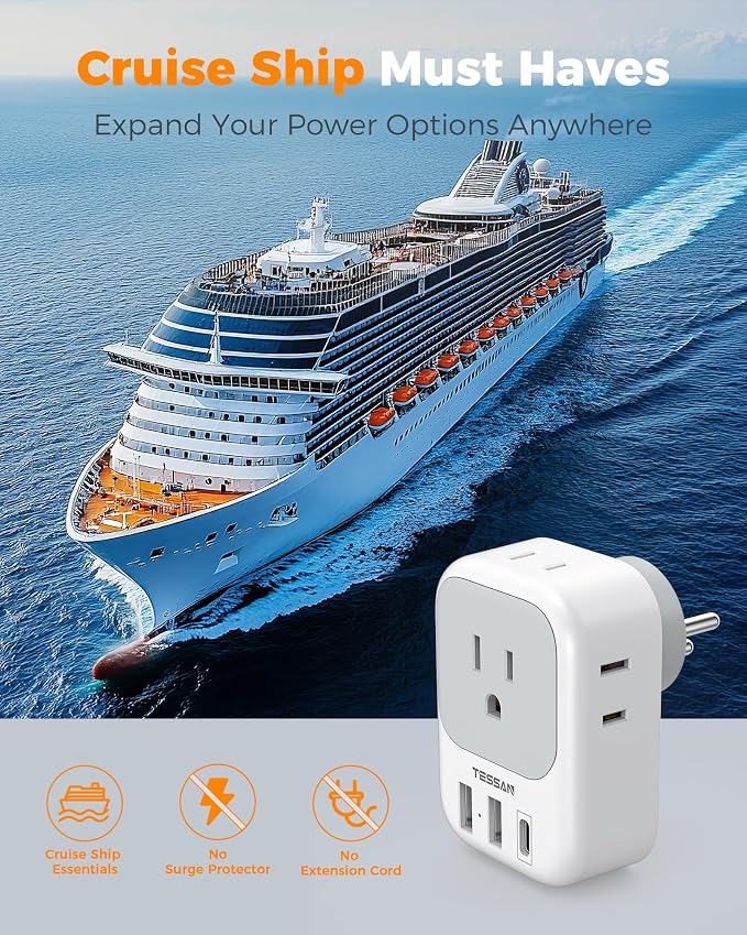TESSAN Israel Adapter Plug, 2 Pack, Type H Travel Adaptor | US to Israel Power Adapter, 3 USB Ports (1 USB C Port), 4 American Outlets, Type H Travel Adaptor for USA to Jerusalem