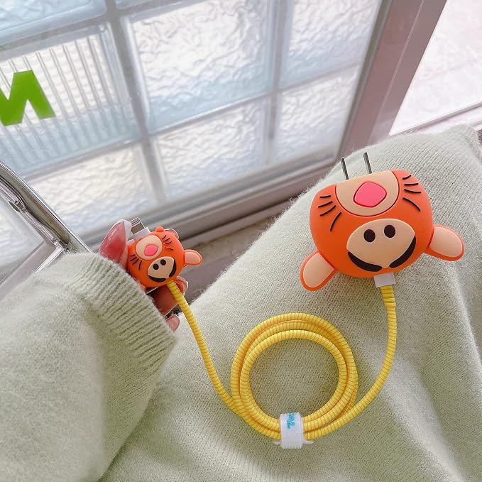 3D Cute Cartoon Charger Protector Case - Compatible for Apple 20W USB-C Power Adapter and Lightning Cable (Orange Tiger)