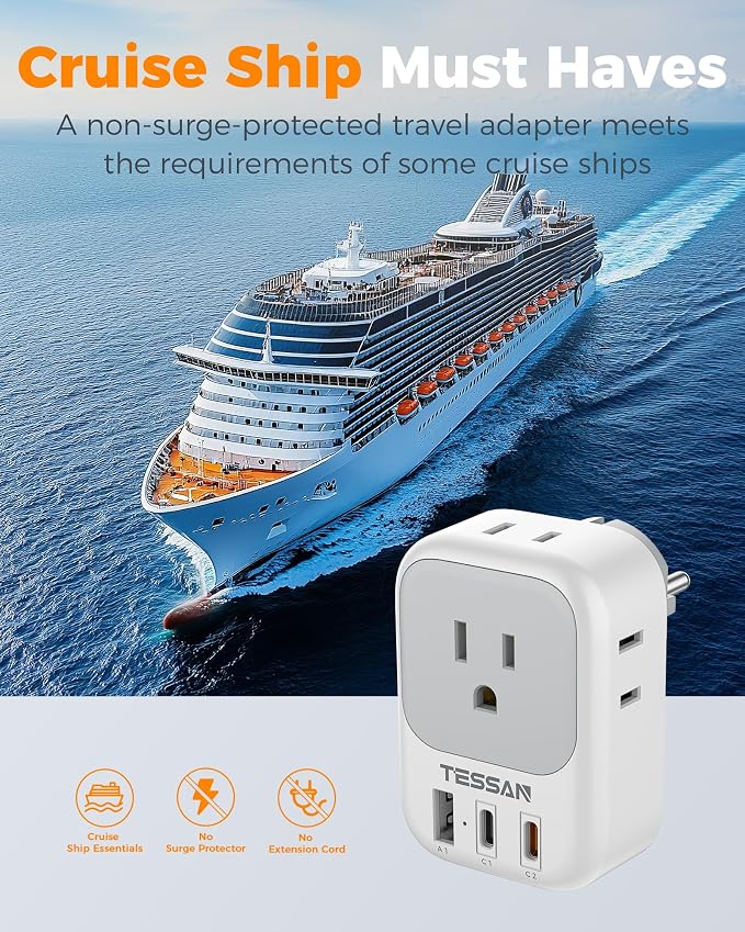 TESSAN Type E F Travel Plug Adapter PD 20W, 7 in 1 Germany France Power Adaptor with 4 Outlets 3 USB (2 USB-C), South Korea Outlet Adapters for US to Europe EU Spain Iceland Greece Portugal, 2 Pack