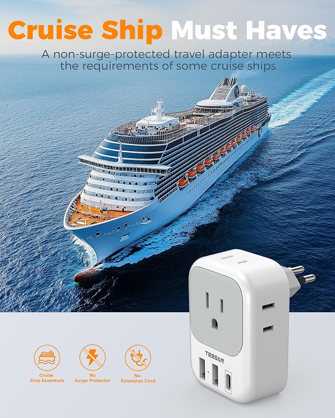 TESSAN Brazil Plug Adapter 2 Pack, 7 in 1 US to Brazil Power Adapter | 3 USB Ports (1 USB-C PD 20W Port) 4 American Outlets, Type N Travel Adaptor for USA to Brazilian