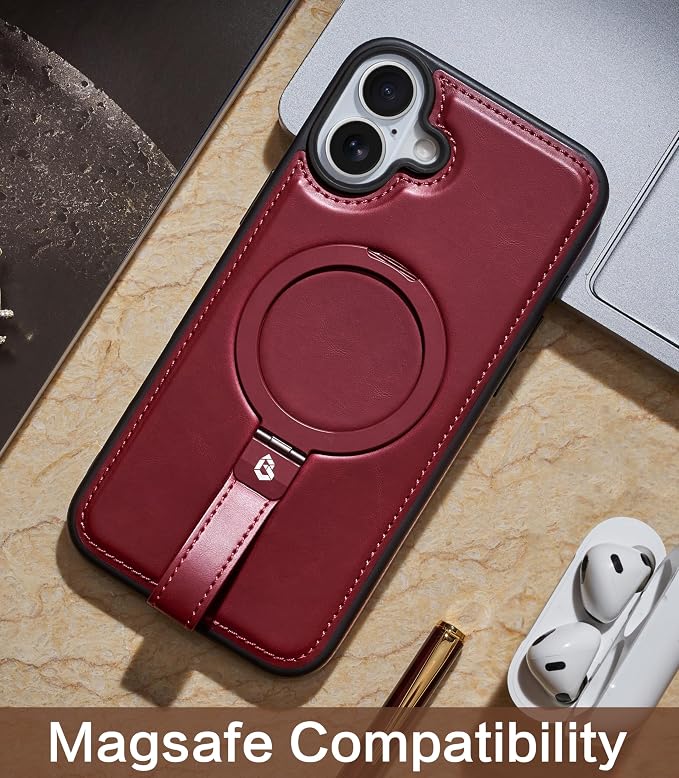 for iPhone 17 Leather Case with Stand, Anti-Slip Grip Ring, Fits for MagSafe (Burgundy, iPhone 17)