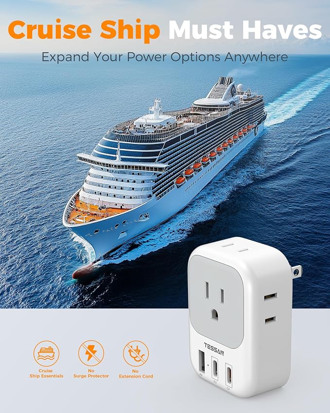 TESSAN US to Japan Plug Adapter PD 20W,2 Pack 2 Prong to 3 Prong Outlet Adapter with 4 Outlets and 3 USB (2 USB-C), Power Adaptor US to Japan China Mexico Philippines Canada Peru Thailand Vietnam