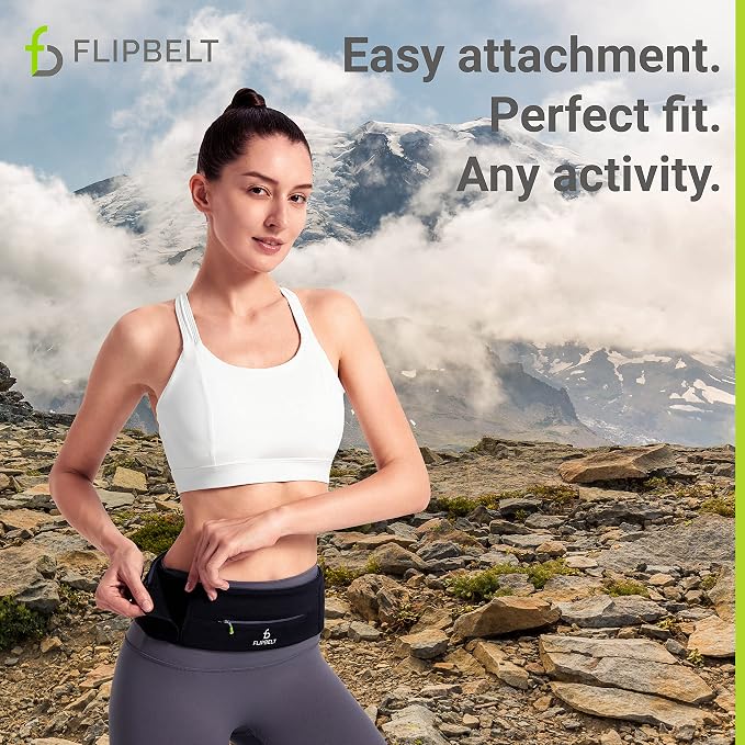 FlipBelt Adjustable Running Belt, Fitness and Running Fanny Pack for Women and Men, Non Chafing Waist Band Pack for Phone Keys Money, Moisture Wicking Storage Belt, USA Company