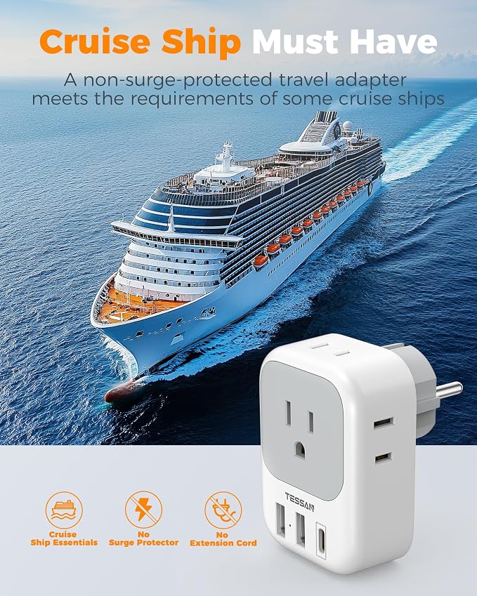 TESSAN 2 Pack Type E F Plug Adapter, Schuko Plug | 3 USB Charger (1 USB C PD 20W), 4 Outlets, Germany France Power Travel Adaptor