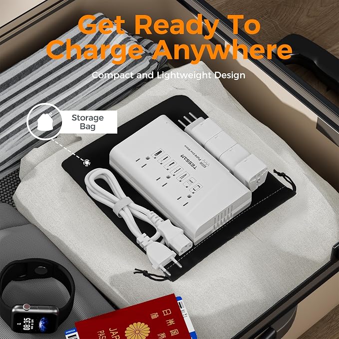 TESSAN 600W Pure Sine Wave 220V to 110V Voltage Converter | US to Europe, 4 USB Ports PD 35W QC 30W, EU/UK/AU/IT/India Plug Adaptor, Step Down Transformer, Universal Travel Adapter