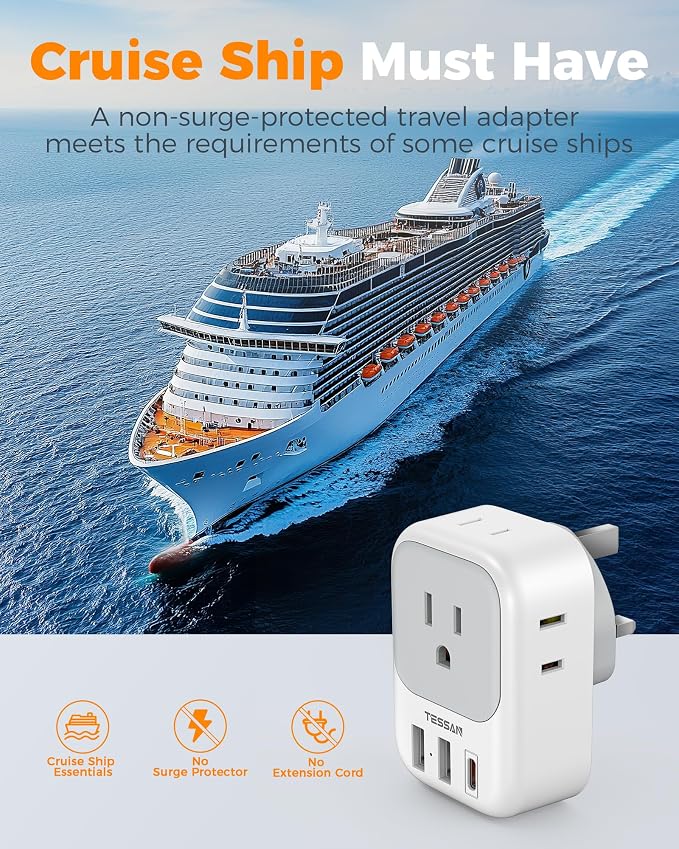 Type G Adapter for Travel 3 Pack, TESSAN US to UK Plug Adapter with 4 Outlets 3 USB Ports (1 USB C 20W), Ireland Power Adaptor for USA to England London Scotland Dubai Singapore Hong Kong British UAE