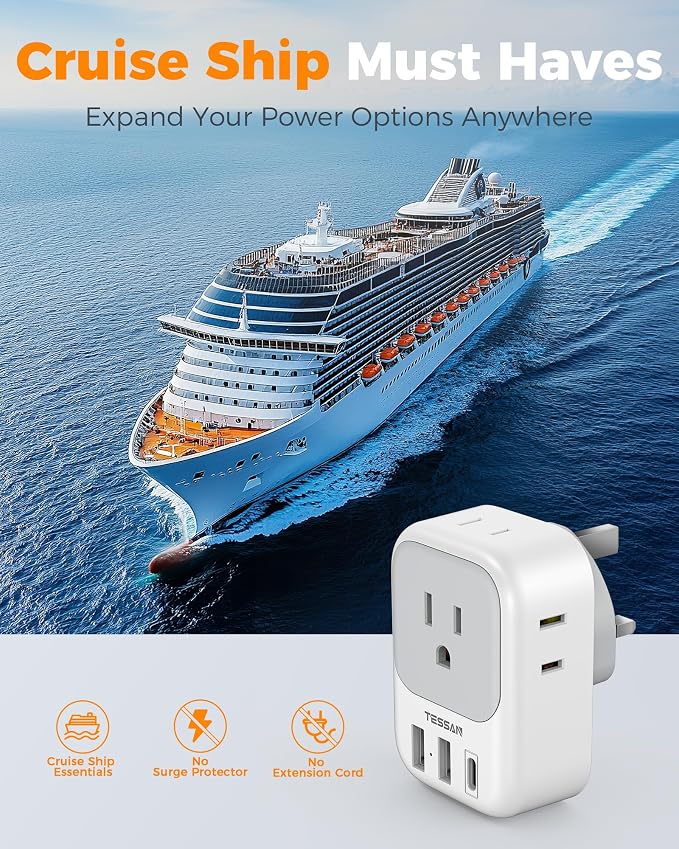 TESSAN UK Adapters for Travel, Type G Adaptor, 2 Pack | 4 Outlets 3 USB (1 USB C PD 20W), USA to Ireland Scotland Dubai Hong Kong England British Kenya London