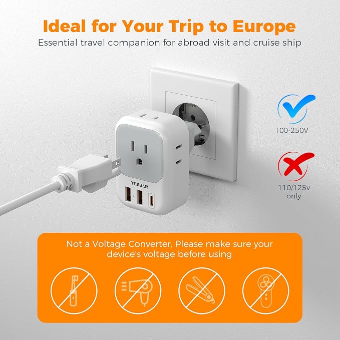 TESSAN US to European Plug Adapter 2 Pack, Type C Travel Adapter with Multi Outlets and USB Ports, Power Adaptor for USA to Europe EU Italy, Type C Foldable Plug