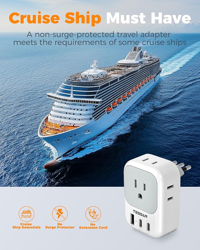 TESSAN Italy Travel Plug Adapter 2 Pack Type L | 4 Outlets, 2 USB C (1 with 20W PD), 1 USB A, For US to Italian Chile Rome Uruguay Milan Libya