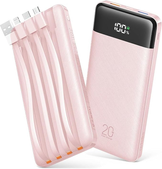 20000mAh portable power bank with built-in cables, ideal for travel charging kits