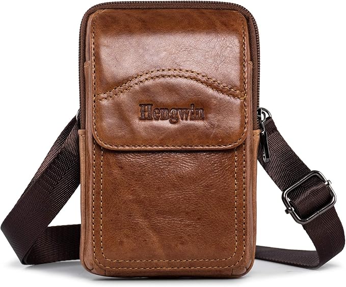 Hengwin Leather Cell Phone Holster Crossbody Purse in Brown