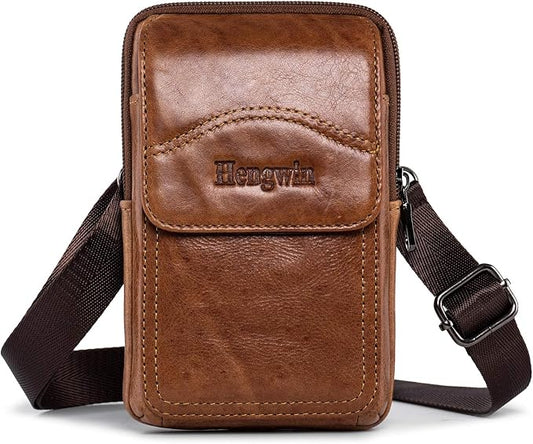 Hengwin Leather Cell Phone Holster Crossbody Purse in Brown