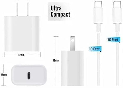 USB C iPad Fast Charger for iPad Pro 13/12.9/11 in 2025/2024/2022/2021/2020/2018,iPad Air 4th/5th Gen,Mini 6th/A17 Pro,iPad 10/A16,20W Wall Fast Charger Block with Extra Long 10FT USB C to C Cable