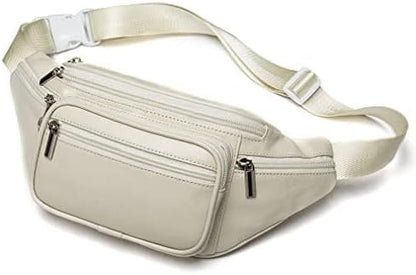 Leather Fanny Pack Waist Bag for Men Women Outdoor Travel Hiking Camping Walking Running Hip Bum Belt Slim Cell Phone Purse Wallet Pouch (Beige)