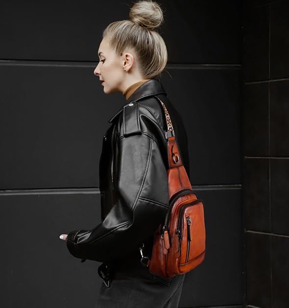 HESHE Leather Sling Bag for Women Crossbody Bags with Multi-Pocket Stylish Fanny Packs for Travel Chest Bag