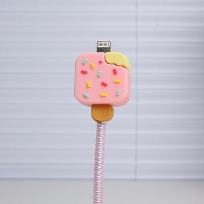 Compatible with iPhone 18W/20W USB-C Charger Protector Cover, 3D Cute Cartoon Charger Case for Apple iPhone 20W USB-C Power Adapter and Lightning Cable Protective Wire Saver (Pink Ice Cream)