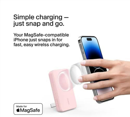 Belkin Portable Charger, Wireless Power Bank 5000 mAh MagSafe Charger 7.5W, Built-in Pop-up Kickstand - iPhone 17, Air, Pro, Pro Max, iPhone 16, AirPods, Apple Watch, Google Pixel 10, etc. - Pink
