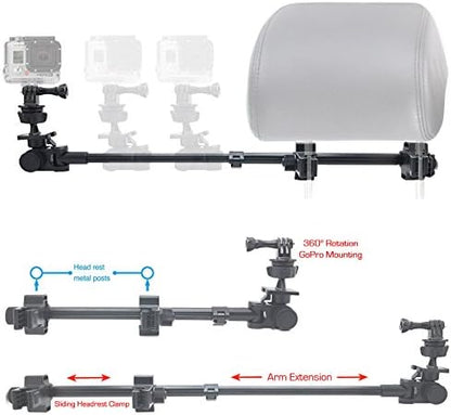 ChargerCity Secure Dual Post Lock Telescopic Headrest Mount w/Sliding Aluminum arm for Insta 360 & GoPro Fusion Action Camera