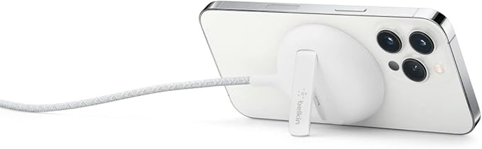 Belkin Wireless Charger, Fast Charging Up to 15W w/Official Made-for-MagSafe Module and Pad Style, Metal Kickstand for iPhone 14, 14 Plus, 14 Pro, 14 Pro Max, 13, 12 and Other MagSafe iPhones - White