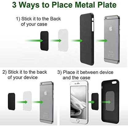SALEX Replacement Metal Plates Set 4 Pack for Magnetic Car Phone Holders, Wall, Air Vent Mounts, Cases, Magnets. Kit of 2 Black Round and 2 Rectangular Iron Discs Without Holes. 3M Adhesive Backing.