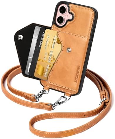 LUCKYCOIN for iPhone 16 Crossbody Wallet Case – Genuine Leather Phone Purse with Adjustable Strap and Card Holder,Lanyard Phone Purse Case for Women,Vintage Tan