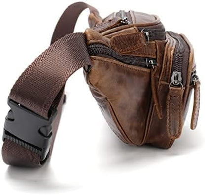 Leather Fanny Pack Waist Bag for Men Women Outdoor Travel Hiking Camping Walking Running Hip Bum Belt Slim Cell Phone Purse Wallet Pouch Coffee