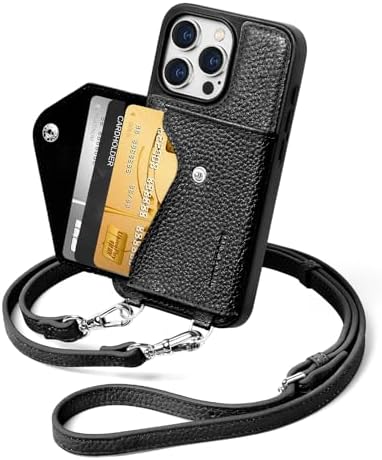 LUCKYCOIN for iPhone 15 Pro Crossbody Wallet Case – Genuine Leather Phone Purse with Adjustable Strap and Card Holder,Lanyard Phone Purse Case for Women,Pebble Grain Black