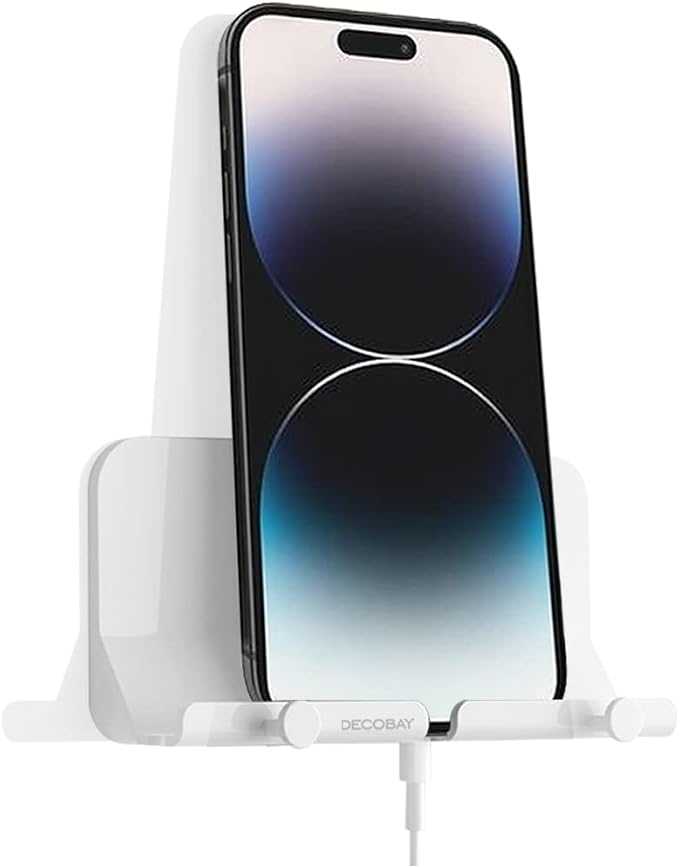 D2 Wall Mount Phone Holder, Hands Free Phone Holder with Adhesive and Data Cable Receiving Hole for Shower, Charging, RV, Compatible with iPhone, Smartphone Cables, Keys and More (White)