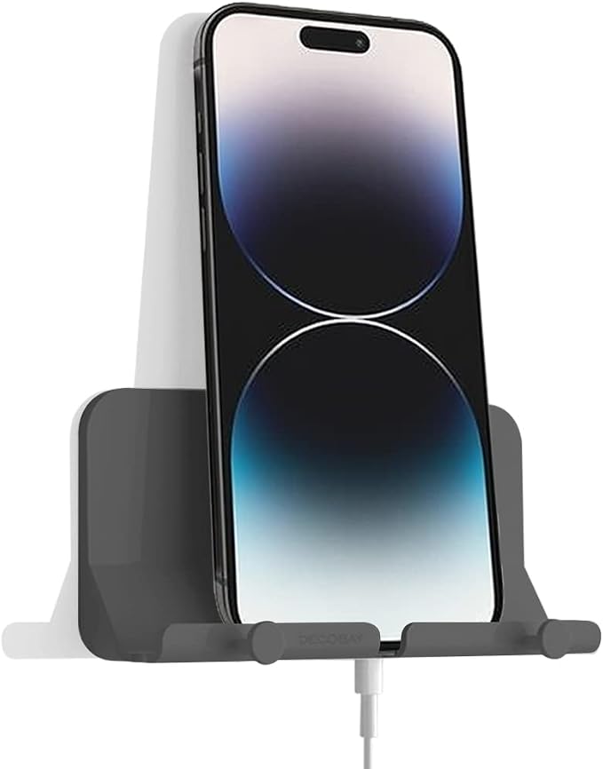 Wall Mount Phone Holder, D2 Hands-Free Adhesive Phone Holder with Cable Hole & Hooks, Wall Mounted Cell Phone Holder for Bathroom Kitchen Bedroom RV, Compatible with iPhone Smartphones (Grey)