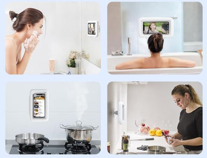 Shower Phone Holder Waterproof, 480°Rotation Wall Mount Shower Phone Case, HD Touch Screen Waterproof Phone Holder for Bathroom Bathtub Kitchen, Fit 4-7" Phone (White)
