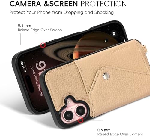 LUCKYCOIN for iPhone 16 Crossbody Wallet Case – Genuine Leather Phone Purse with Adjustable Strap and Card Holder,Lanyard Phone Purse Case for Women,Pebble Grain Beige