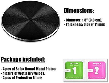 Metal Plates Replacement Set 4 Pack for Magnetic Car Mount. Kit of 4 Black Round Discs Without Holes for Case Back, Phone Magnets. Strong 3M Adhesive Backing Circular Cell Phone Holder Stickers.