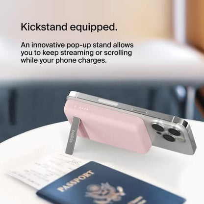 Belkin Portable Charger, Wireless Power Bank 5000 mAh MagSafe Charger 7.5W, Built-in Pop-up Kickstand - iPhone 17, Air, Pro, Pro Max, iPhone 16, AirPods, Apple Watch, Google Pixel 10, etc. - Pink