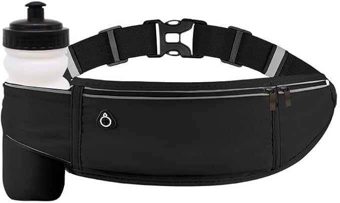 Running Belt with Water Bottle Holder,Large Fanny Pack for Men Women Girls Boys Kids Phone Pouch,Waist Bag Fit Hydration Hiking Runner Workout GYM Sport Travel Walking Slim Flat Bum Bag,Black
