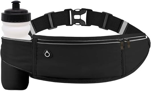 Running Belt with Water Bottle Holder,Large Fanny Pack for Men Women Girls Boys Kids Phone Pouch,Waist Bag Fit Hydration Hiking Runner Workout GYM Sport Travel Walking Slim Flat Bum Bag,Black