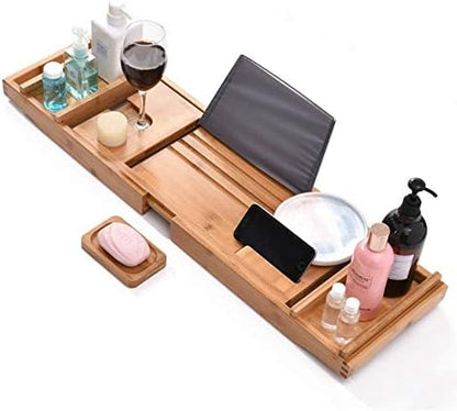 Bath Caddy Bath Rack Adjustable Bamboo Bath Tray with Phone Holder and Wine Glass Holder for Most Bathtubs