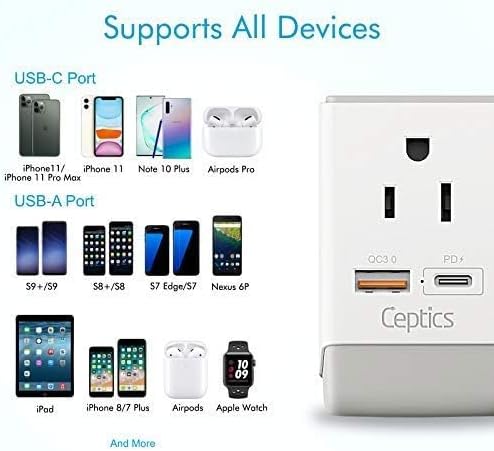 Ceptics Israel Power Adapter, QC 3.0 & PD, Safe Dual USB & USB-C - 2 USA Socket Compact & Powerful - Use in Jerusalem, Holy Land, Palestine, Gaza Strip - Type H AP-14- Fast Charging