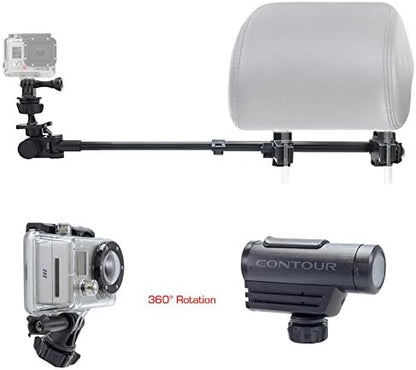 ChargerCity Secure Dual Post Lock Telescopic Headrest Mount w/Sliding Aluminum arm for Insta 360 & GoPro Fusion Action Camera