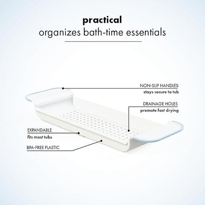 madesmart Expandable Bath Shelf, Adjustable Bathtub Tray for Bath-Night, Holds Glasses, Soaps, Toys & Bath Essentials, Non-Slip Grip, Fits Most Tubs, Blue