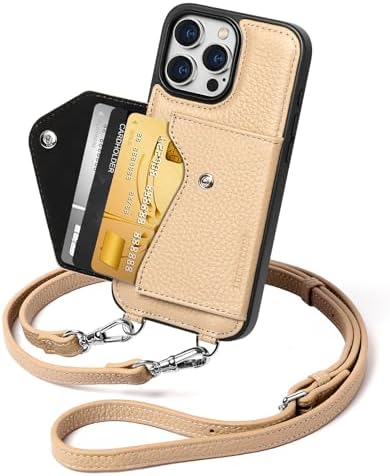 LUCKYCOIN for iPhone 16 Plus Crossbody Wallet Case – Genuine Leather Phone Purse with Adjustable Strap and Card Holder,Lanyard Phone Purse Case for Women,Pebble Grain Beige