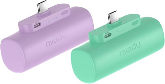 Miady 2-Pack Mini Portable Charger Built-in USB C Connector Small PowerBank | 5000mAh丨Lightweight丨for Backpack Travel丨Compatible with iPhone 17 Galaxy Android丨Ultra-Compact丨Flight-Safe丨18Wh丨Green+Purple