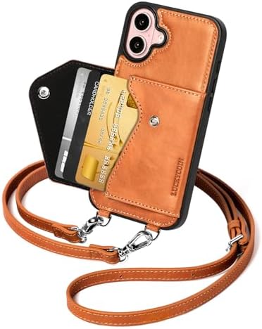 LUCKYCOIN for iPhone 16 Plus Crossbody Wallet Case – Genuine Leather Phone Purse with Adjustable Strap and Card Holder,Lanyard Phone Purse Case for Women,Vintage Brown